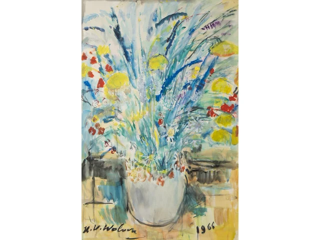 Henri victor wolvens (1896-1977), flower vase, 1966, watercolour and gouache on paper on canvas 108 x 72 cm. (42.52 x 28.35 in.), frame: 135 x 98 cm. (53.14 x 38.57 in.) - afbeelding 1 van  7