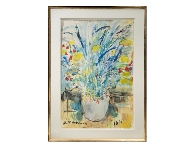 Henri victor wolvens (1896-1977), flower vase, 1966, watercolour and gouache on paper on canvas 108 x 72 cm. (42.52 x 28.35 in.), frame: 135 x 98 cm. (53.14 x 38.57 in.) - afbeelding 2 van  7