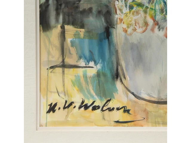 Henri victor wolvens (1896-1977), flower vase, 1966, watercolour and gouache on paper on canvas 108 x 72 cm. (42.52 x 28.35 in.), frame: 135 x 98 cm. (53.14 x 38.57 in.) - afbeelding 4 van  7