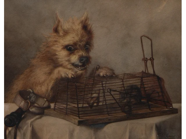 Henriette ronner-knip (1821-1909), dog and a trapped rat, 1870, watercolour on paper 38 x 49 cm. (14.96 x 19.28 in.), frame: 57 x 67 cm. (22.44 x 26.37 in.) - afbeelding 1 van  4