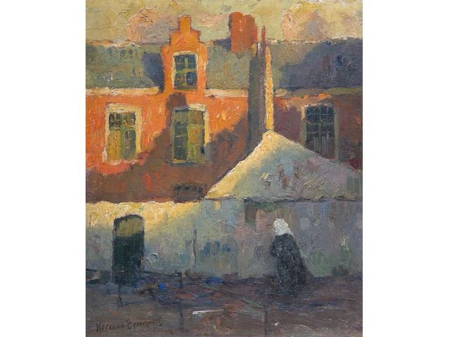 Herman broeckaert (1878-1930), view of a beguinage, oil on panel 34 x 30 cm. (13.39 x 11.81 in.), frame: 43 x 33 cm. (16.92 x 12.99 in.) - afbeelding 1 van  4