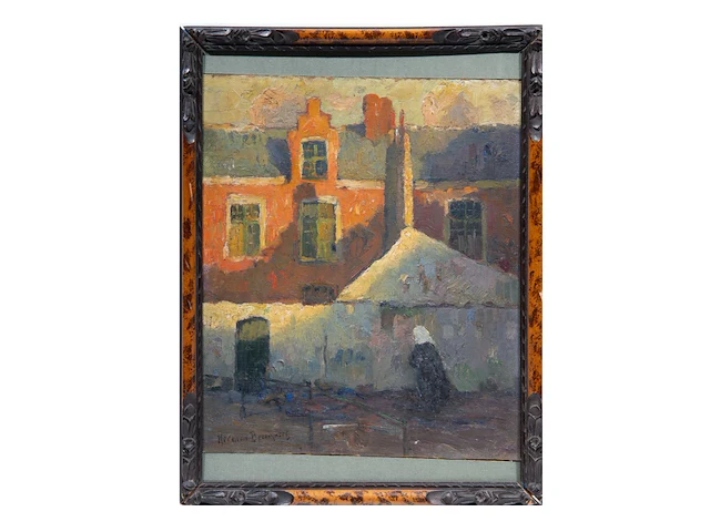 Herman broeckaert (1878-1930), view of a beguinage, oil on panel 34 x 30 cm. (13.39 x 11.81 in.), frame: 43 x 33 cm. (16.92 x 12.99 in.) - afbeelding 2 van  4