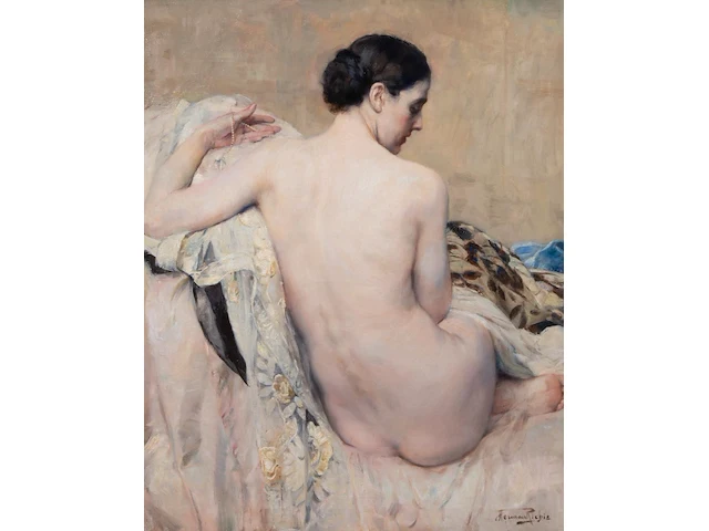 Herman jean joseph richir (1866-1942), 'le collier de perles', oil on canvas 80 x 100 cm. (31 1/2 x 39.36 in.), frame: 102 x 122 cm. (40.15 x 48.03 in.) - afbeelding 1 van  7