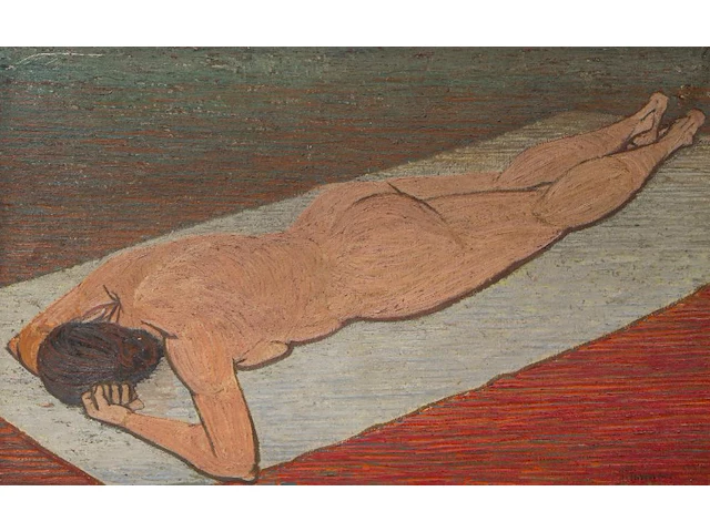 Herman minner (1924-1981), sunbathing woman, oil on canvas 73 x 115 cm. (28.73 x 45.28 in.), frame: 80 x 123 cm. (31 1/2 x 48.42 in.) - afbeelding 1 van  5