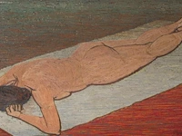 Herman minner (1924-1981), sunbathing woman, oil on canvas 73 x 115 cm. (28.73 x 45.28 in.), frame: 80 x 123 cm. (31 1/2 x 48.42 in.)