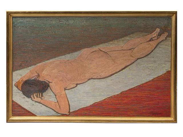 Herman minner (1924-1981), sunbathing woman, oil on canvas 73 x 115 cm. (28.73 x 45.28 in.), frame: 80 x 123 cm. (31 1/2 x 48.42 in.) - afbeelding 2 van  5