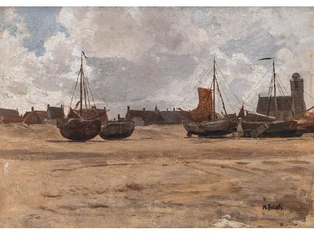 Hermann baisch (1846-1894), fishing boats on the shore, oil on canvas on panel 38 x 52 cm. (14.9 x 20.4 in.), frame: 59 x 74 cm. (23.2 x 29.1 in.) - afbeelding 1 van  6