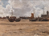 Hermann baisch (1846-1894), fishing boats on the shore, oil on canvas on panel 38 x 52 cm. (14.9 x 20.4 in.), frame: 59 x 74 cm. (23.2 x 29.1 in.)