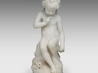 Hippolyte françois moreau (1832-1927), seated cupid, carrara marble 58 cm. (22.82 in.)