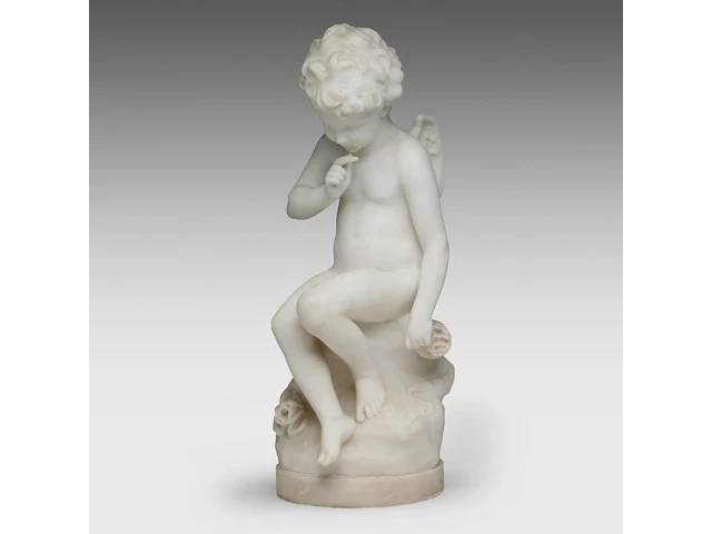 Hippolyte françois moreau (1832-1927), seated cupid, carrara marble 58 cm. (22.82 in.) - afbeelding 2 van  7