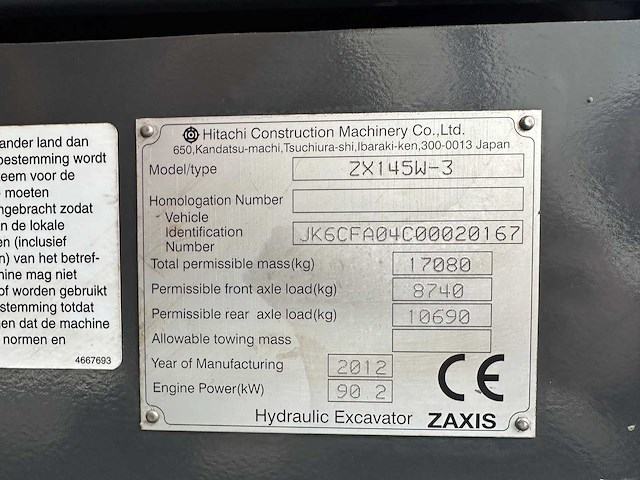 Hitachi - 2012 - zx145w-3 - banden graafmachine - afbeelding 13 van  47