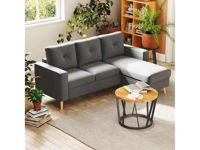 Hoekbank in scandinavisch ontwerp, met getufte knopen, massief hout, linnen look, grijs - afbeelding 1 van  6