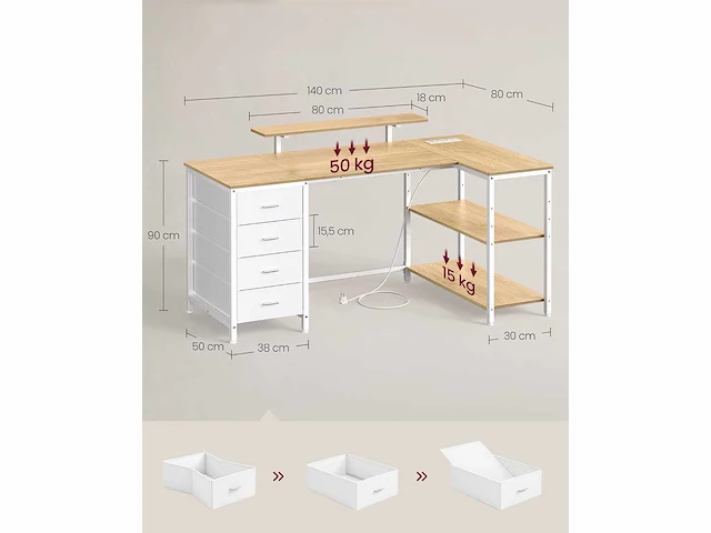Hoekbureau, usb-aansluitingen, 4 lades - afbeelding 2 van  6