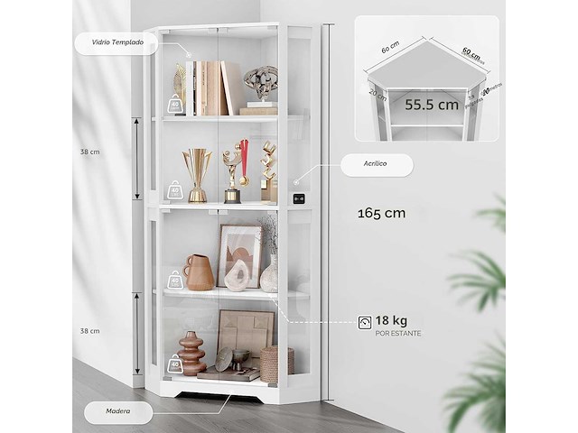 Hoekvitrine met glazen deuren, verlichte vitrine 165 cm - afbeelding 2 van  6