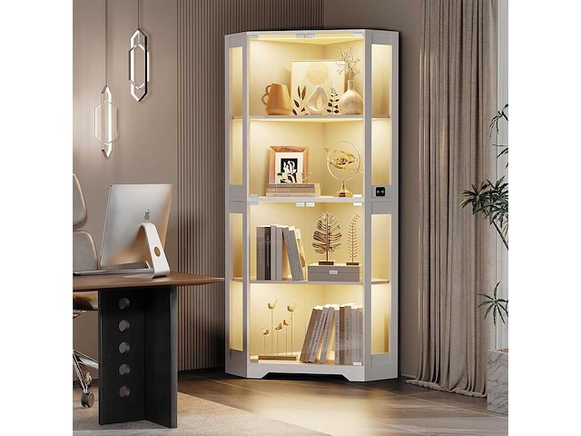 Hoekvitrine met glazen deuren, verlichte vitrine 165 cm - afbeelding 4 van  6