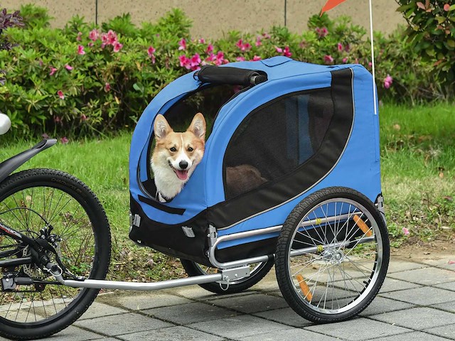 Hondenfietstrailer voor dieren met 8 zwarte blauwe vlag reflectoren - afbeelding 1 van  8