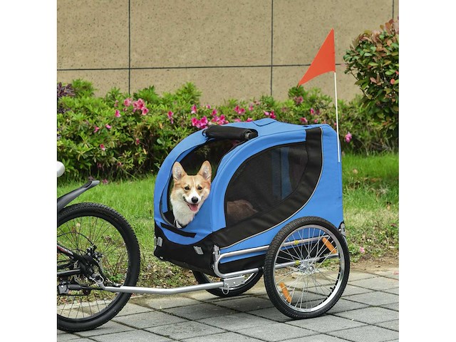 Hondenfietstrailer voor dieren met 8 zwarte blauwe vlag reflectoren - afbeelding 2 van  8