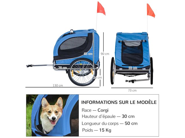 Hondenfietstrailer voor dieren met 8 zwarte blauwe vlag reflectoren - afbeelding 4 van  7