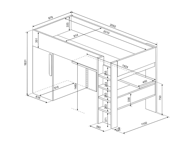 Hoogslaper bo9 90x200 cm met bureau & kast - wit - afbeelding 7 van  7