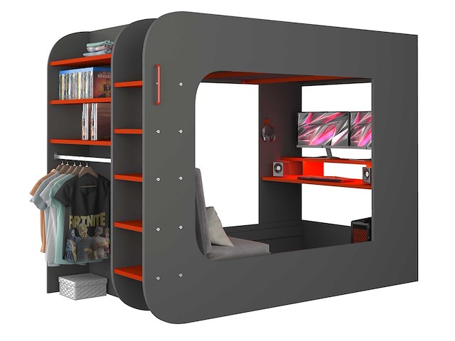 Hoogslaper graham met gamebureau 120x200cm - antraciet/rood - afbeelding 2 van  7