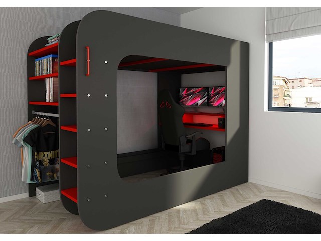 Hoogslaper graham met gamebureau 120x200cm - antraciet/rood - afbeelding 3 van  7