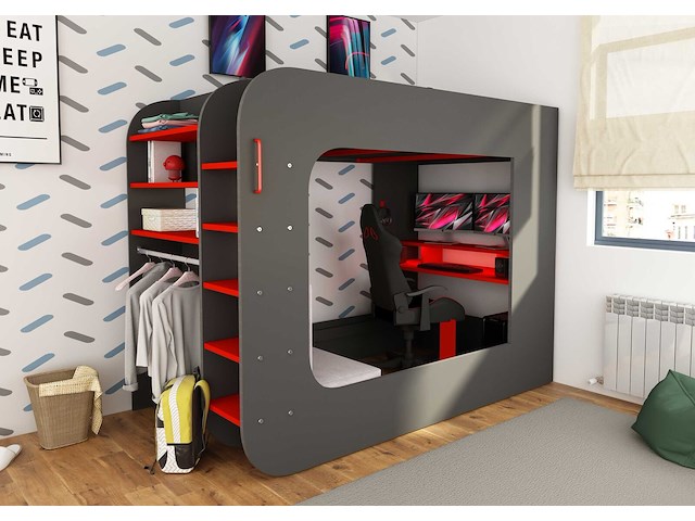 Hoogslaper graham met gamebureau 120x200cm - antraciet/rood - afbeelding 1 van  7