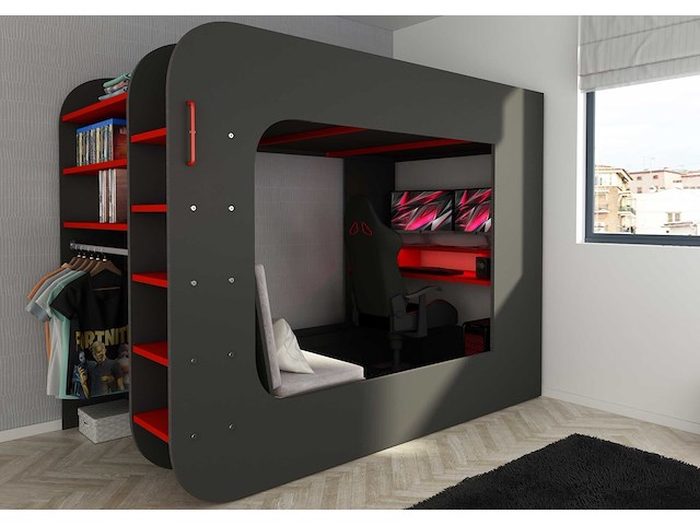 Hoogslaper graham met gamebureau 120x200cm - antraciet/rood - afbeelding 7 van  7