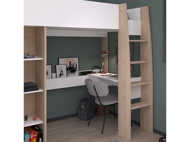 Hoogslaper shelby 90x200cm met bureau - wit/eik - afbeelding 5 van  7