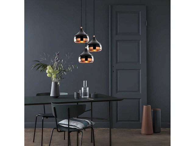 Hoogteverstelbare metalen kroonluchter - 3 schaduwen - zwart en koper - afbeelding 1 van  4