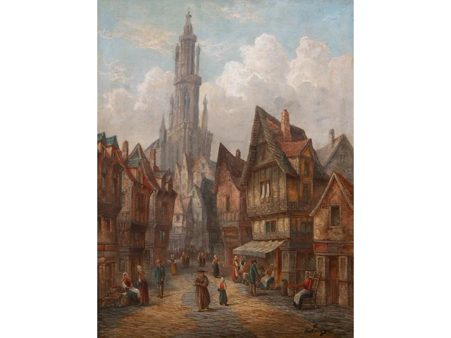 Horace mann livens (1862-1936), a pair of pendant works with city centre views, oil on canvas 46 x 35 cm. (18.10 x 13.77 in.), frame: 66 x 55 cm. (25.98 x 21.64 in.) - afbeelding 1 van  12