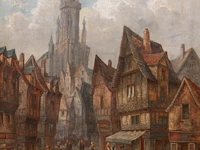 Horace mann livens (1862-1936), a pair of pendant works with city centre views, oil on canvas 46 x 35 cm. (18.10 x 13.77 in.), frame: 66 x 55 cm. (25.98 x 21.64 in.)