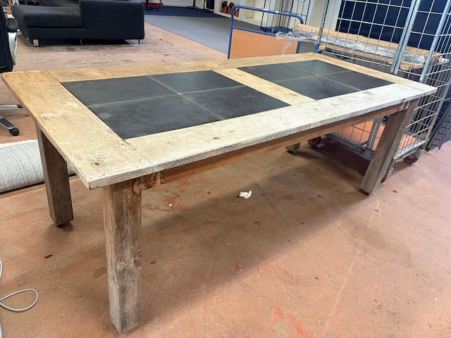 Houten eettafel met ingelegde lederlook tegels 206x94 cm (6) - afbeelding 1 van  2
