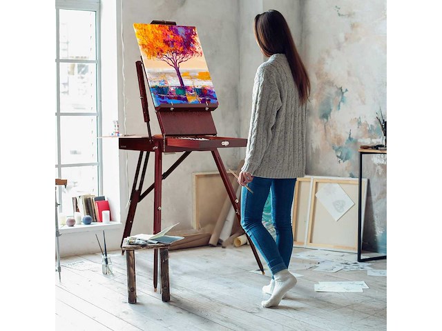 Houten ezelkoffer, 35 stukken, penselen, mengpalet, doek, acryl- en olieverf, bruin - afbeelding 3 van  10