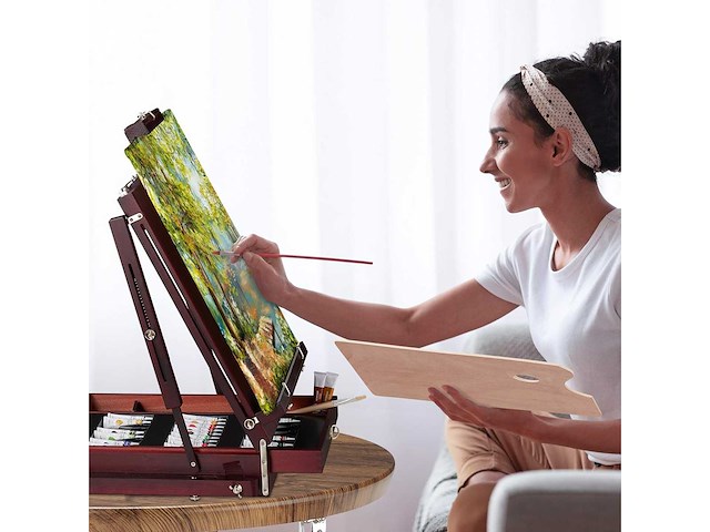 Houten ezelkoffer, 35 stukken, penselen, mengpalet, doek, acryl- en olieverf, bruin - afbeelding 6 van  10