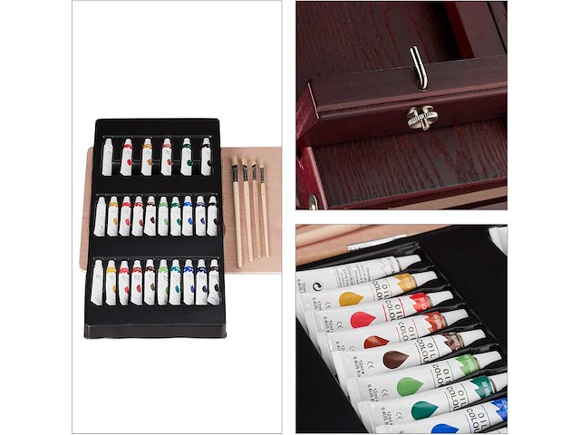 Houten ezelkoffer, 35 stukken, penselen, mengpalet, doek, acryl- en olieverf, bruin - afbeelding 9 van  10