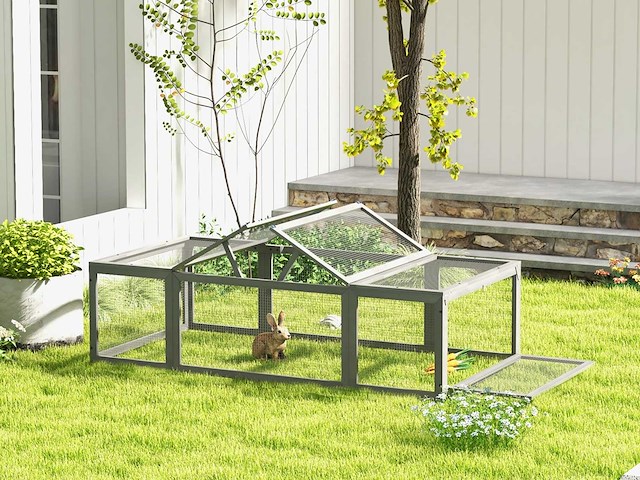 Houten hok voor grote konijnen, buitenverblijf met afsluitbare deuren - grijs - afbeelding 1 van  7