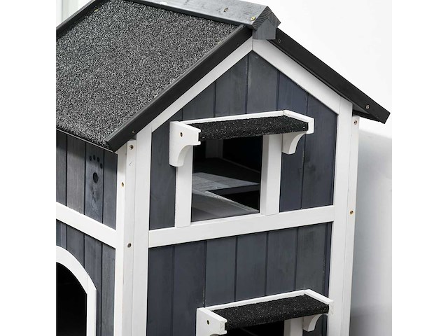 Houten kattenhuis met bloempot, ramen, meerdere ingangen - afbeelding 10 van  11