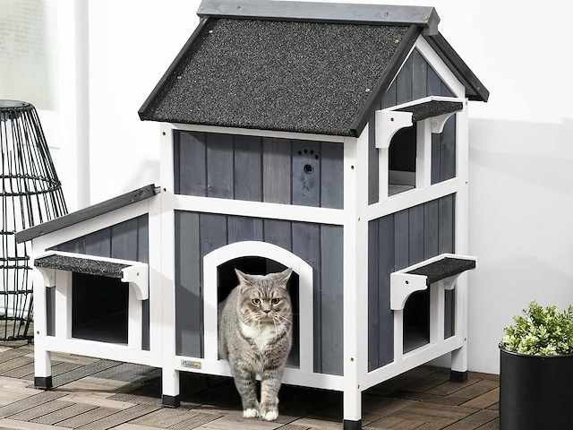 Houten kattenhuis met bloempot, ramen, meerdere ingangen - afbeelding 1 van  11