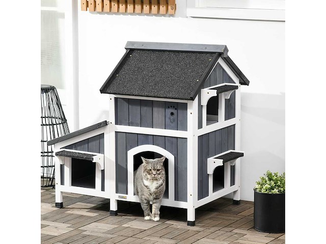 Houten kattenhuis met bloempot, ramen, meerdere ingangen - afbeelding 2 van  11