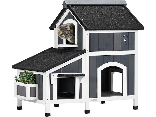 Houten kattenhuis met bloempot, ramen, meerdere ingangen - afbeelding 3 van  11