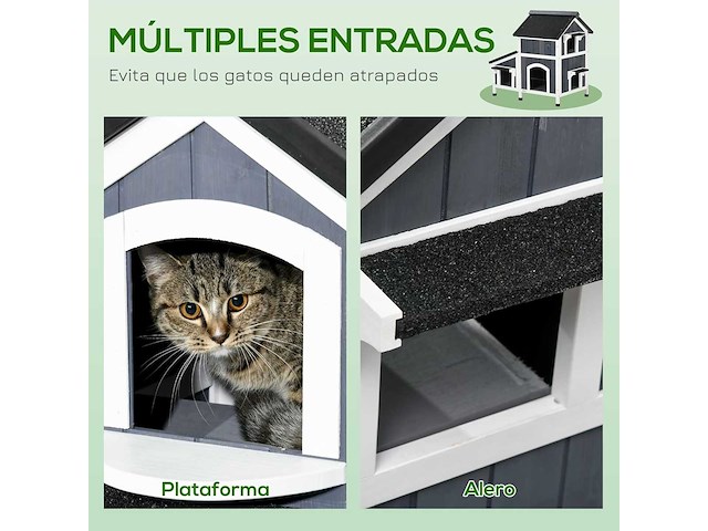 Houten kattenhuis met bloempot, ramen, meerdere ingangen - afbeelding 4 van  11