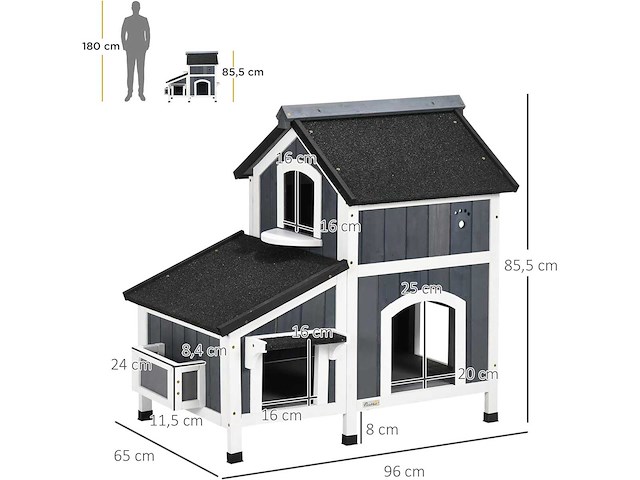 Houten kattenhuis met bloempot, ramen, meerdere ingangen - afbeelding 8 van  11