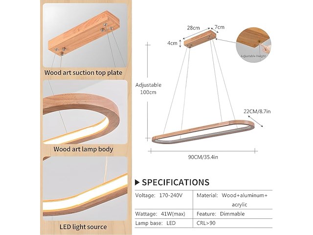 Houten led kroonluchters ovaal hout, 90cm - afbeelding 2 van  4