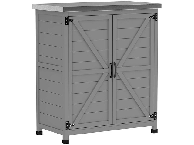Houten tuinkast buiten, tuinopslagkast met gegalvaniseerd stalen werkblad 79x43x92cm grijs - afbeelding 2 van  7