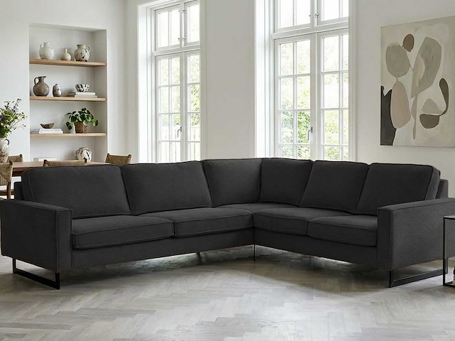 Houtskoolgrijze ribfluwelen hoekbank - afbeelding 1 van  15