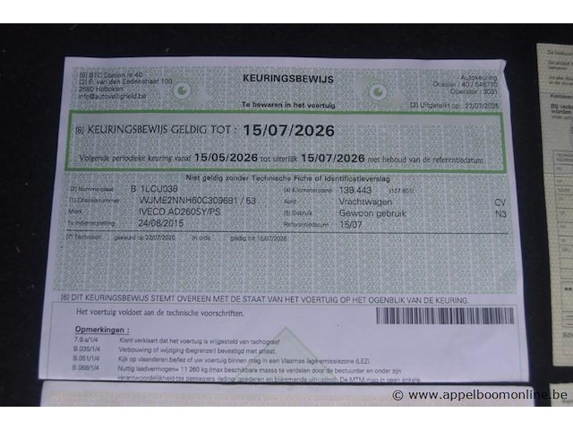 Huisvuilvrachtwagen iveco, ad260syps, wjme2nnh60c309681, 1e insch 24/08/2015, 8710cm³, 228kw, diesel, euro 6, 139443km vlgs ltst keuring (2025), inschrijvingsbewijs deel i en ii, keuringsbewijs, gelijkvormigheidsattest, identificatieverslag - afbeelding 8 van  21