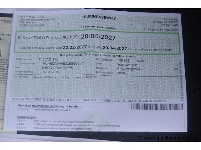 Huisvuilvrachtwagne, iveco, ad260sy/ps, wjme2nnh60c305658, 1e insch 14/04/2015, 8710cm³, 220kw, diesel, euro 6, 106951km vlgs ltst keuring, inschrijvingsbewijs deel i en ii, keuringsbewijs , gelijkvormigheidsattest, identificatieverslag - afbeelding 6 van  20