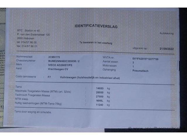 Huisvuilvrachtwagne, iveco, ad260sy/ps, wjme2nnh60c305658, 1e insch 14/04/2015, 8710cm³, 220kw, diesel, euro 6, 106951km vlgs ltst keuring, inschrijvingsbewijs deel i en ii, keuringsbewijs , gelijkvormigheidsattest, identificatieverslag - afbeelding 7 van  20