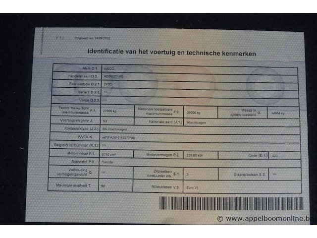 Huisvuilvrachtwagne, iveco, ad260sy/ps, wjme2nnh60c305658, 1e insch 14/04/2015, 8710cm³, 220kw, diesel, euro 6, 106951km vlgs ltst keuring, inschrijvingsbewijs deel i en ii, keuringsbewijs , gelijkvormigheidsattest, identificatieverslag - afbeelding 11 van  20