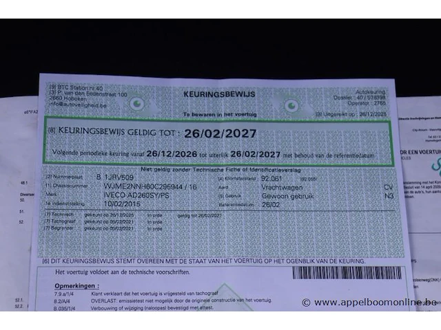 Huisvuilwagen iveco 2y3c, pusher 4000, datum 1ste inschr 10/02/2015, chassisnummer wjme2nnh60c295944, km laatste keuring 92 061km, diesel euro vi, deel i+ii, gelijkvormigheidsattest - afbeelding 10 van  21